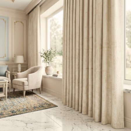 Lina efekta nakts aizkari bēša zelta tonī skaistā interjerā